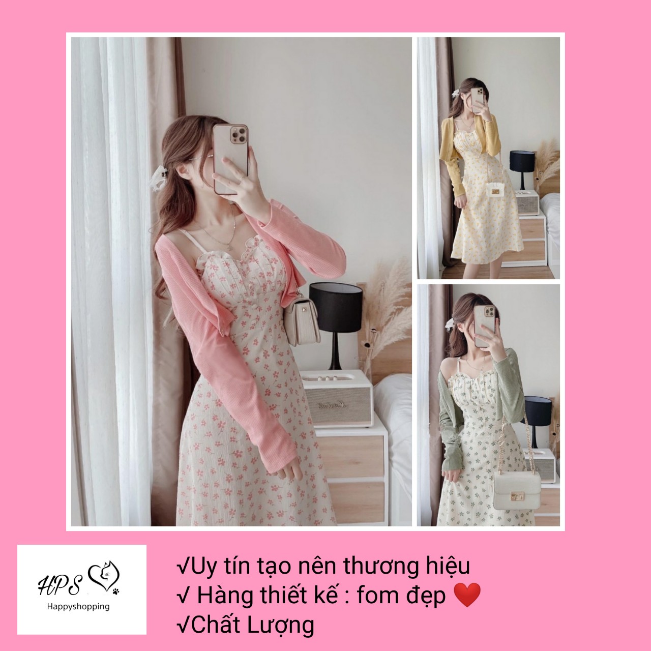Váy hai dây hoa nhí kết hợp áo Cardigan len xốp cùng màu phong cách Hàn Quốc, Đầm hai dây chữ A Happyshoping V22