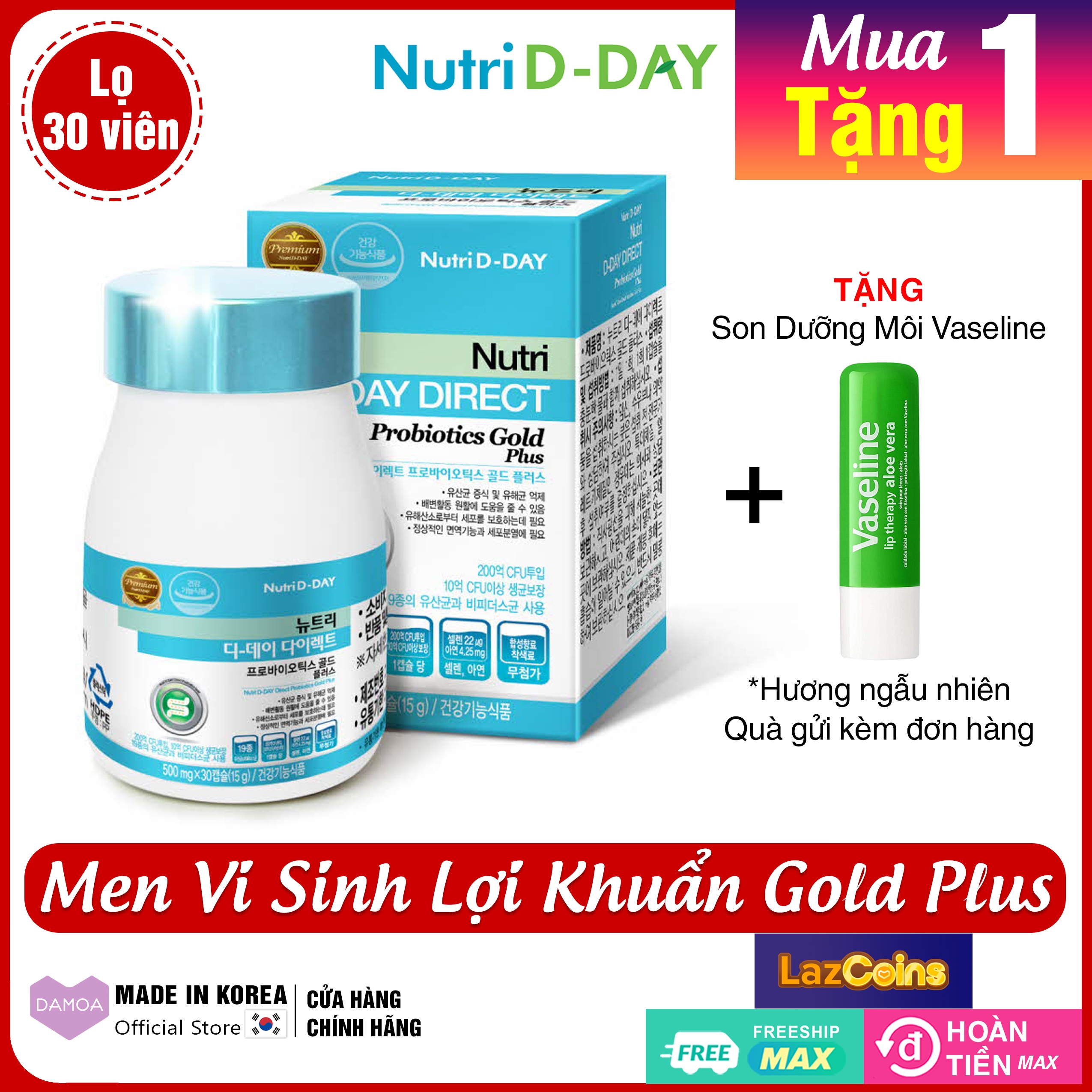 Men Vi Sinh Nutri D-Day Direct Probiotics Gold Plus Bổ sung 19 Chủng men & 20 tỷ Lợi khuẩn, Cải thiện hệ tiêu hóa - Thực phẩm chức năng Hàn Quốc