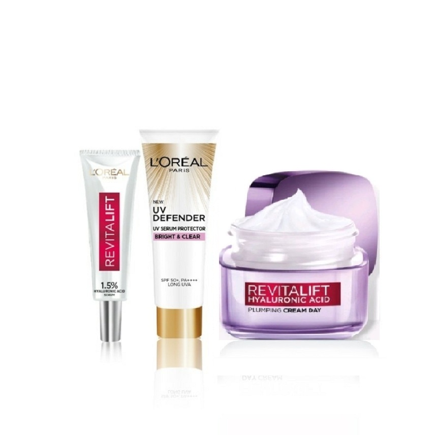 Trọn bộ 3 món loreal gồm : 1 serum 7.5ml + 1 kem chống nắng 15g + 1 kem dưỡng 15ml