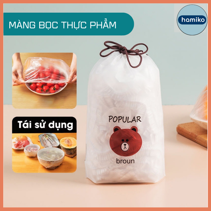 Combo 100 màng bọc thực phẩm PE túi gấu có chun co giãn bọc đồ ăn, chùm đầu đa năng-Hamikovn