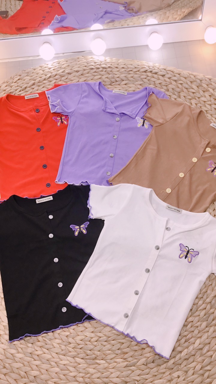 Áo thun nữ borip thêu hình con bướm cổ tròn form croptop siêu xịn