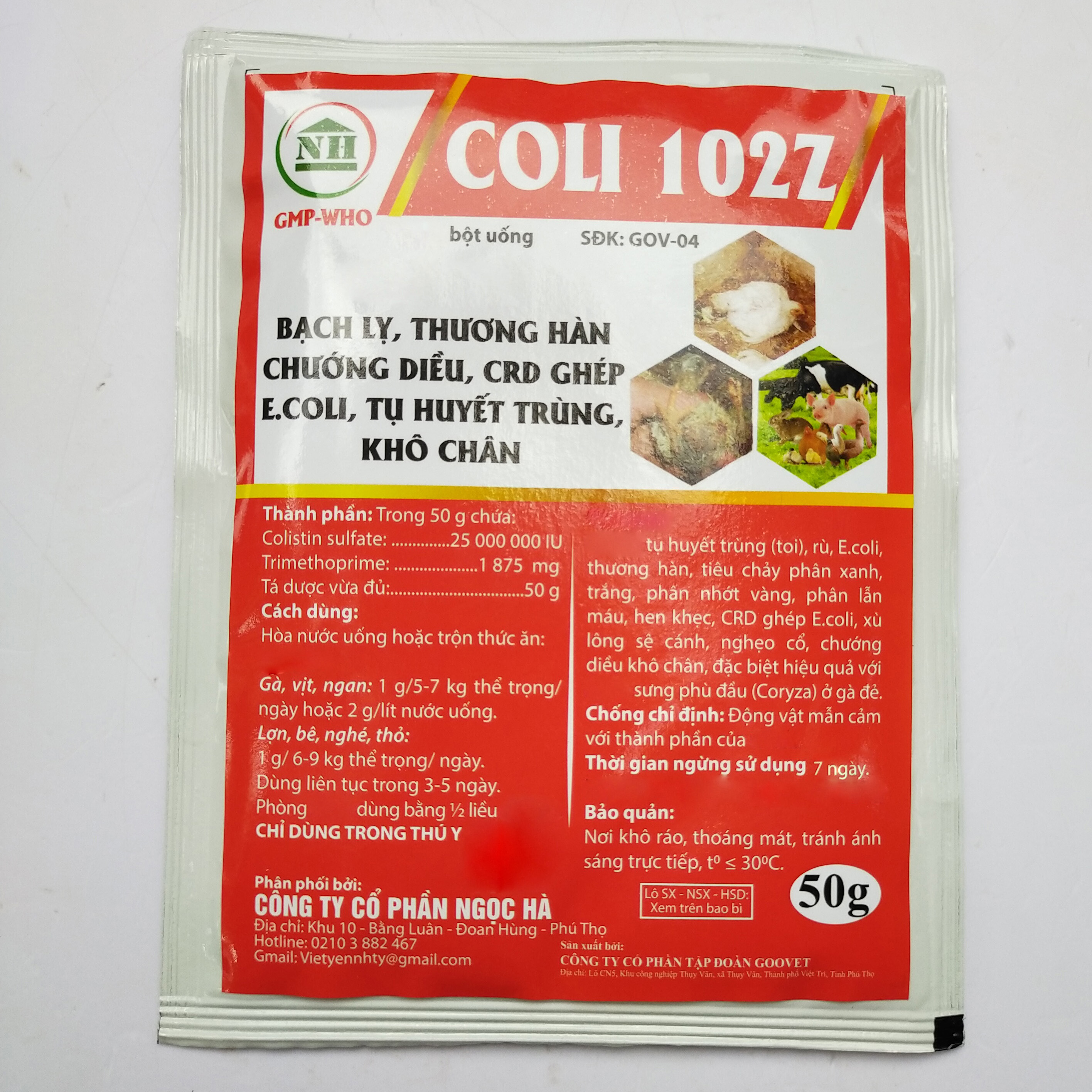 1 gói COLI - 102Z  50g Dùng cho Bạch lỵ, khô chân, chướng diều tụ huyết trùng, thương hàn, CRD ghép E.Coli dùng tốt cho gà chọi và chim cảnh