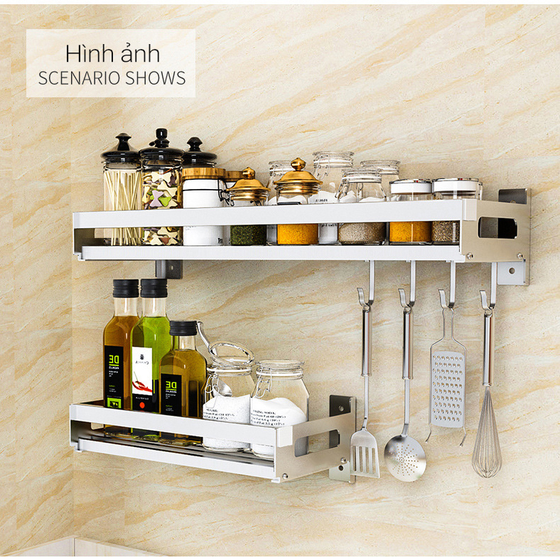 Kệ Đựng Gia Vị Nhà Bếp Tiện Lợi, Giá Treo Dụng Cụ Nhà Bếp Chất Liệu Thép Không Gỉ Cao Cấp, Thiết Kế Thông Minh Không Cần Khoan Tường Bắt Vít (Có Kèm 04 Móc Treo Đa Năng)