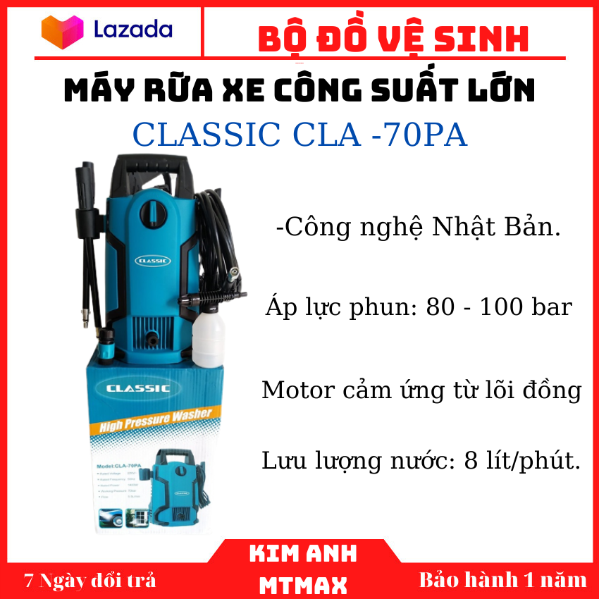 Máy rữa xe công suất lớn classic cla -70pa, máy rửa xe áp lực cao, mô tơ chổi than, máy xịt rữa xe dễ dàng sử dụng, có khả năng tự hút nước, vòi bơm áp lực cao, vận hành bền bỉ