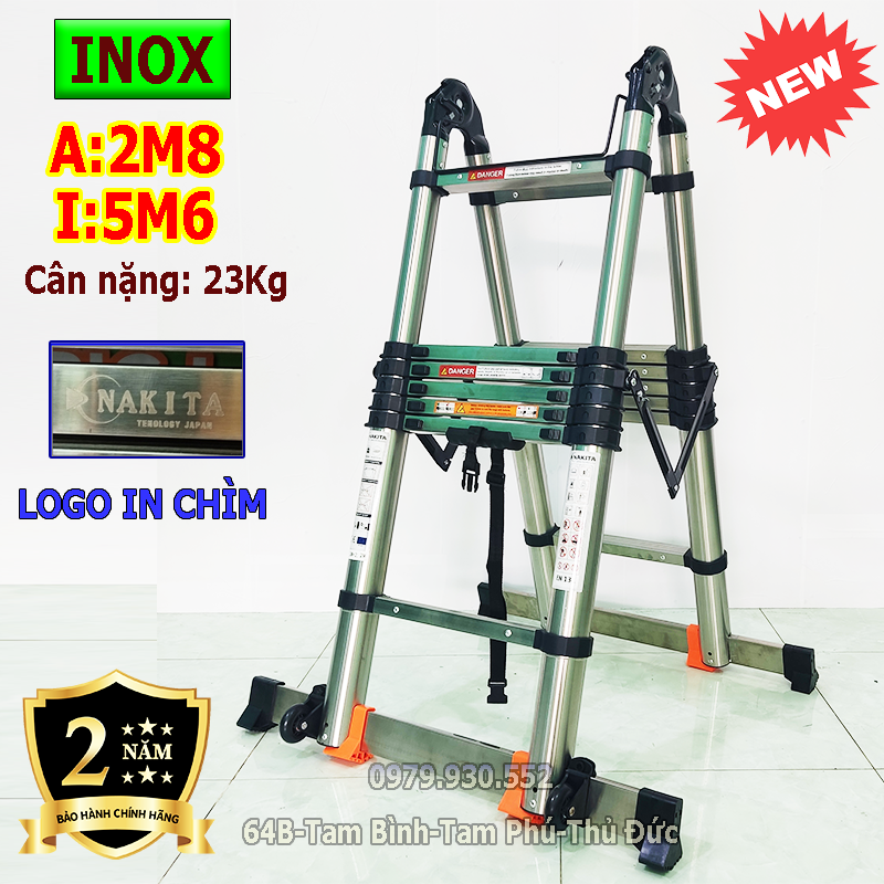 Thang nhôm rút đôi Nakata, thang inox rút đôi Nakita (Chữ A: 2,8m; Chữ I: 5,6m) Thang rút có khóa gấp tự động. Bảo hành 2 năm