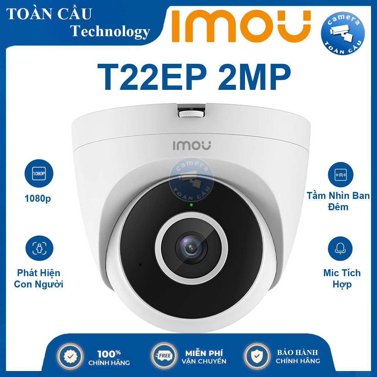 [CHÍNH HÃNG] Camera WiFI IMOU T22EP 2MP - Độ Phân Giải 1080P, Mic Tích Hợp, Phát Hiện Con Người, Tầm Nhìn Ban Đêm, Mic Tích Hợp - CAMEARA TOÀN CẦU