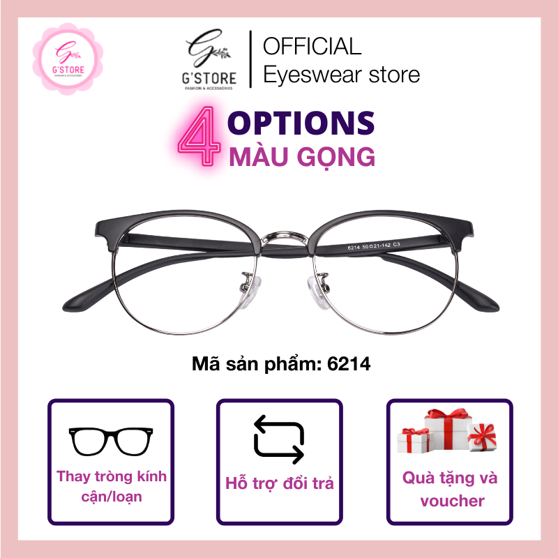 Mắt kính cận gọng kim loại gọng kính nữ kim loại mắt tròn thời trang cá tính, nhiều màu 6214