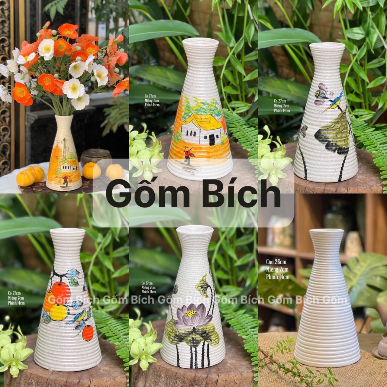 Bình Hoa Lọ Hoa Để Bàn Vẽ Tay Dáng Bó Mạ Gốm Bát Tràng - Gốm Bích