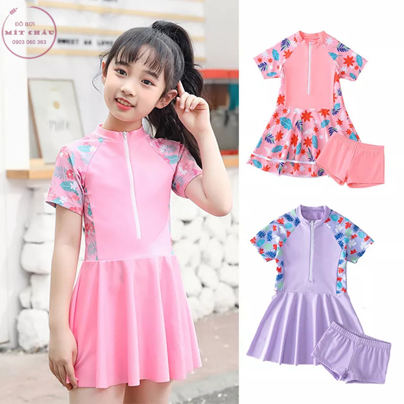 Đồ bơi cho bé gái [XẢ HẾT], Bộ bơi dáng váy trẻ em đi tắm biển Bigsize, Váy bơi bé gái liền thân (14-40kg)