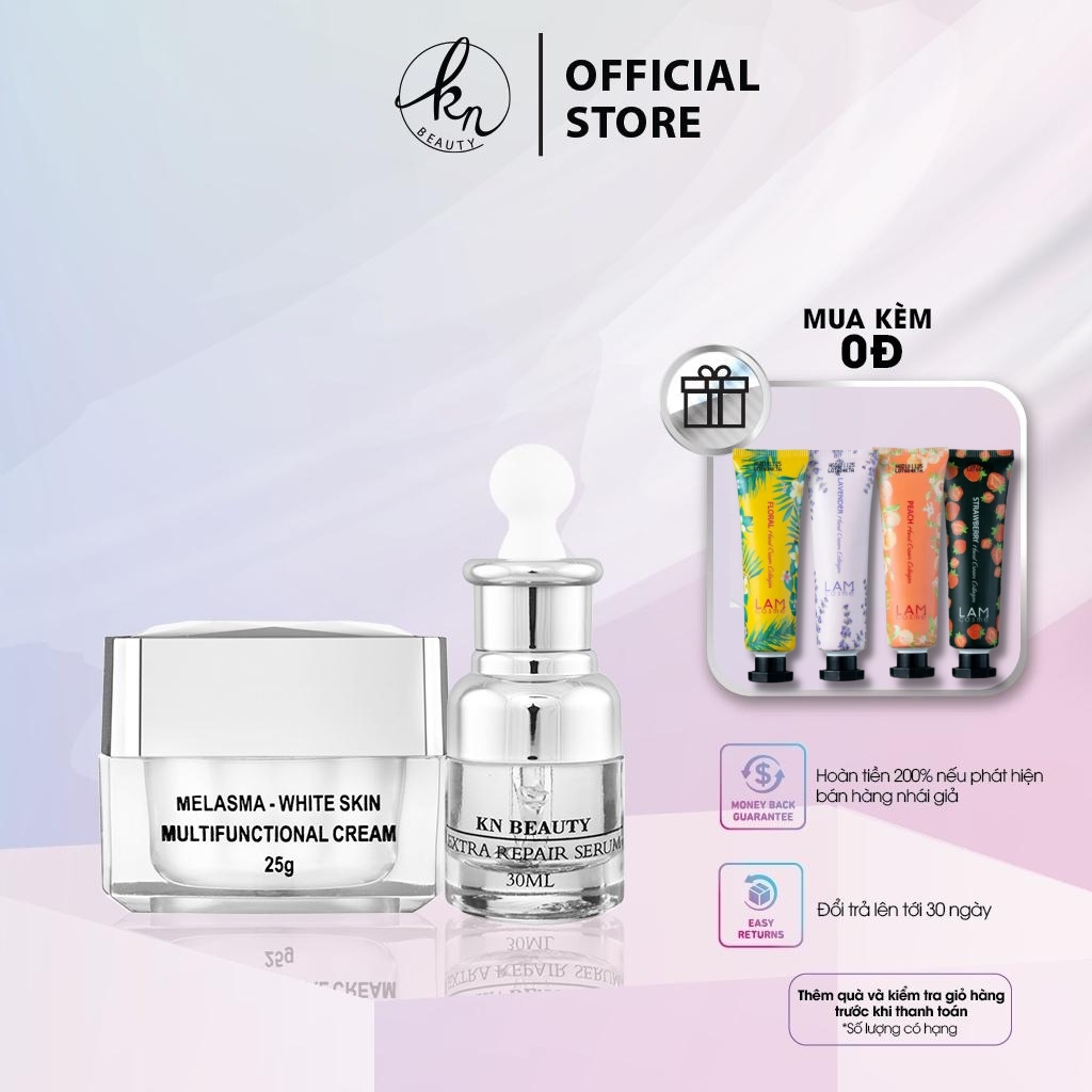 [🎁QUÀ TẶNG NƯỚC HOA] Bộ 4 bước chăm sóc da Trắng sáng Ngừa Nám KN Beauty chuyên sâu: Kem dưỡng 25g + Serum 30ml + Sữa rửa mặt 100g + Tẩy tế bào chết 120ml - Phụng Store 2