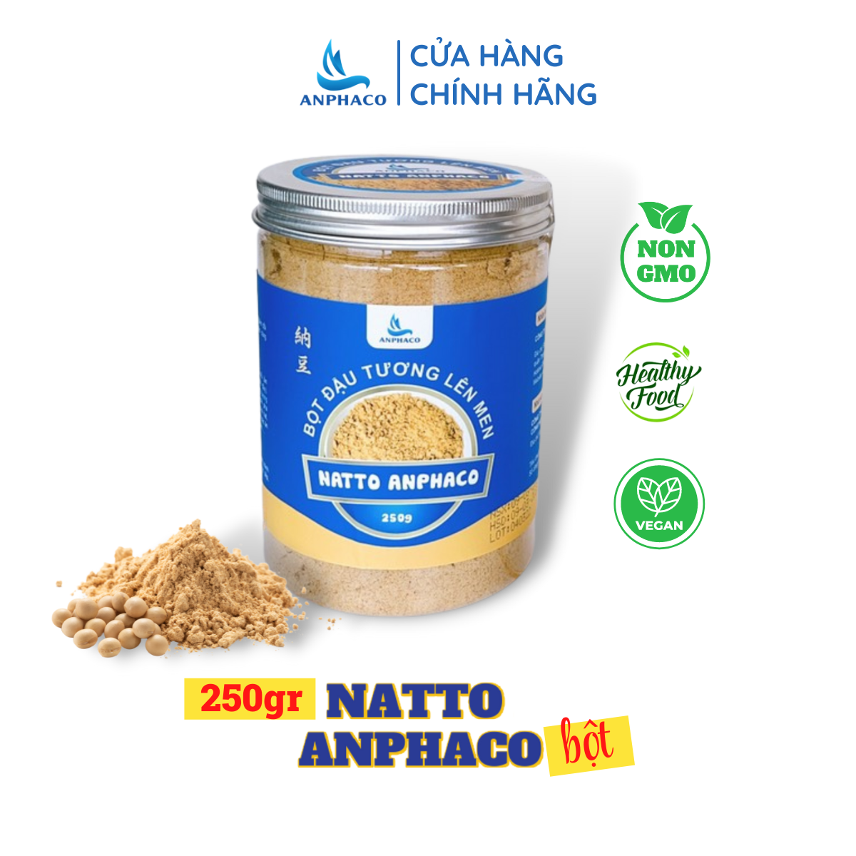Natto Anphaco, bột đậu tương lên men hộp 250GR hỗ trợ huyết áp, tiền đình, đột quỵ, bổ xung vitamin K2