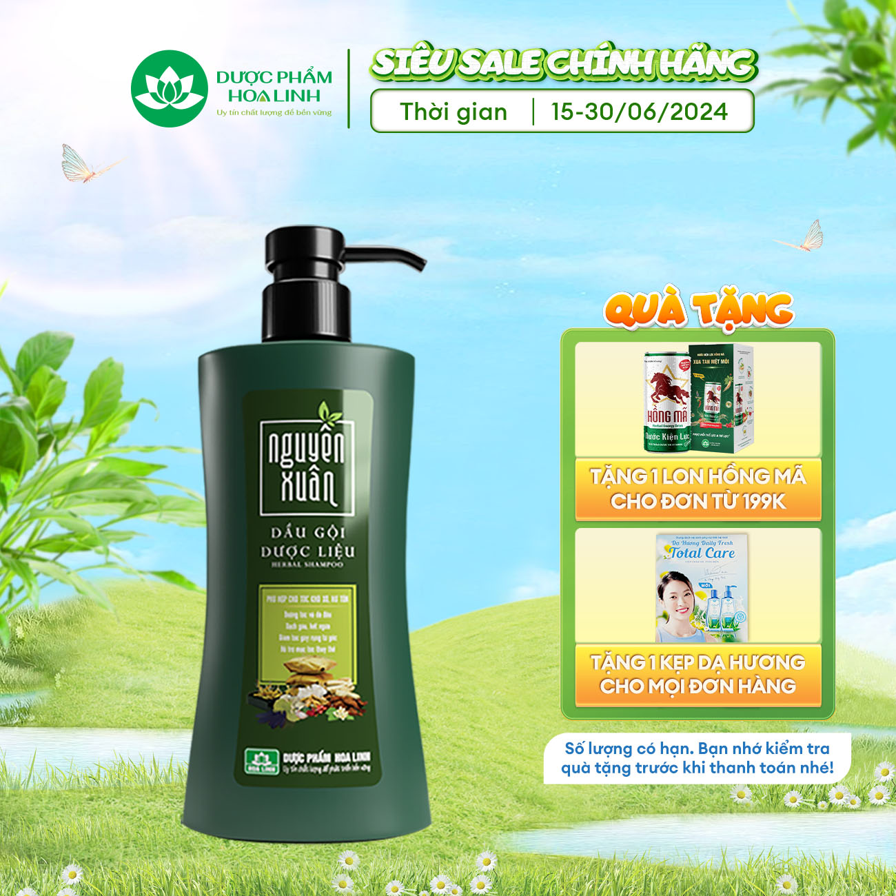 Dầu Gội Dược Liệu Nguyên Xuân Xanh Dưỡng Tóc 350ml - Tặng thêm 10% thể tích giá không đổi