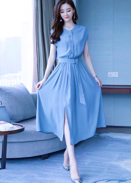 Đầm nữ công sở dáng suông xẻ tà kèm belt thanh lịch, váy nữ dạo phố tay con nút trước thục nữ 4 màu vàng đen xanh hồng