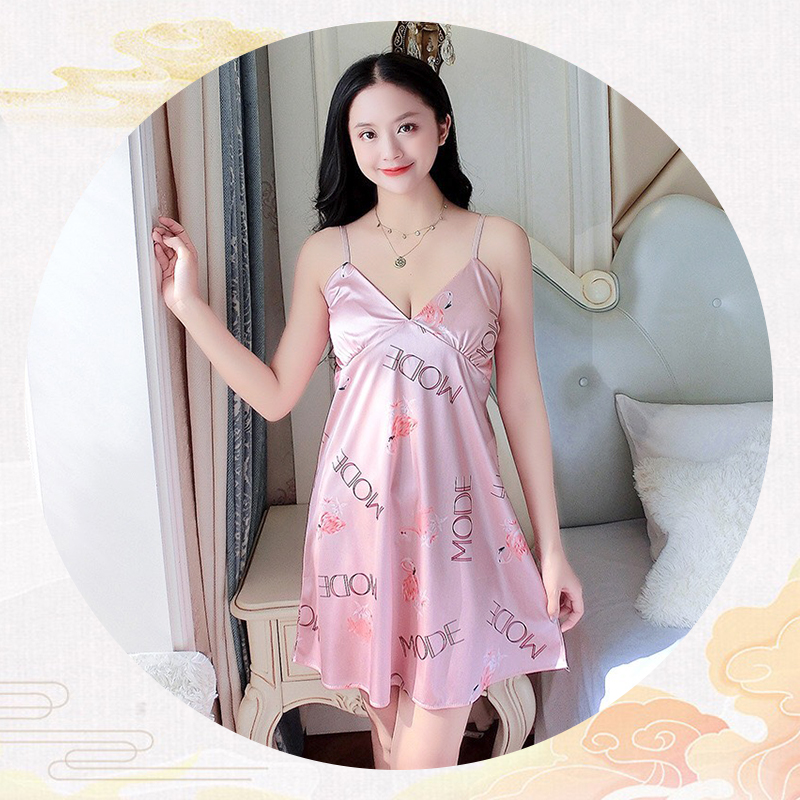 Váy ngủ lụa 2 dây hình hồng hạt xinh xắn có kèm mút ngực