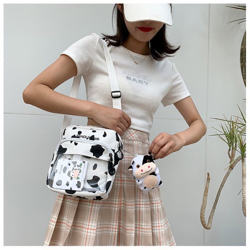 Túi đeo chéo canvas in hình bò sữa phong cách Hàn Quốc ngăn phụ trong suốt siêu hot BL2053