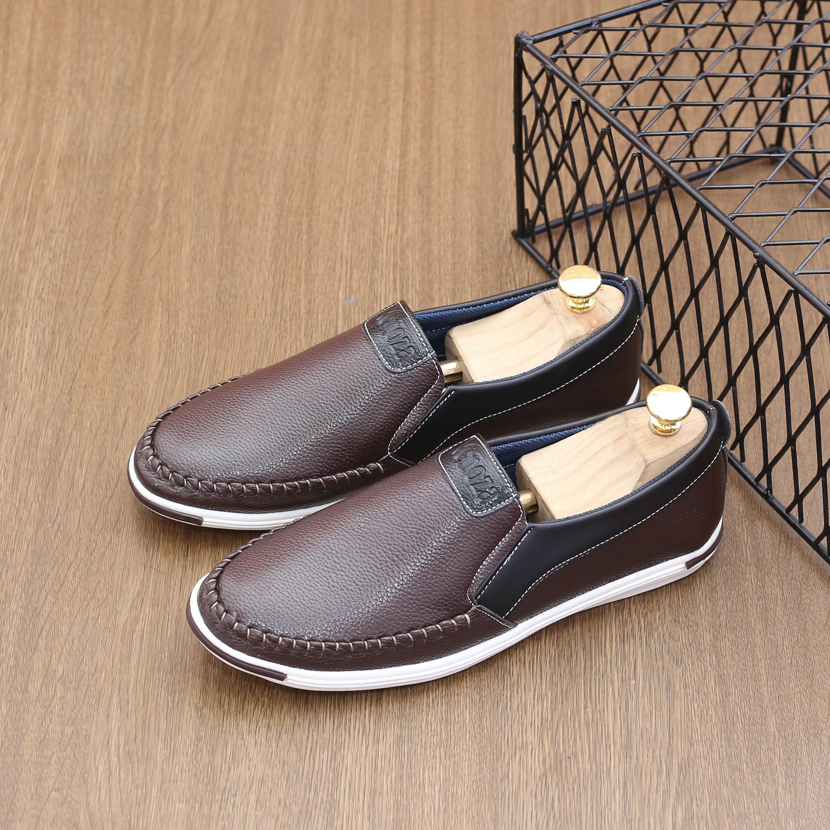 Giày lười da, Giày lười nam, Giày lười da cao cấp MD1 da nâu. Khuyến mãi giảm 50%