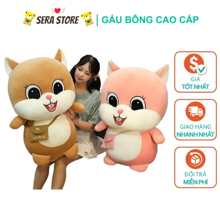 Gấu Bông Sóc Đeo Túi Dễ Thương, Thú Nhồi Bông To Khổng Lồ Hình Con Sóc Cute Luxury Mềm Mịn Co Giãn 4 Chiều Size 95Cm