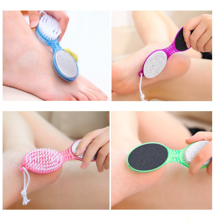 [Free ship] Dụng cụ chà gót chân 4 trong 1 gồm bàn chải nhựa, đá bọt khô, bàn chải kim loại, chà nhám