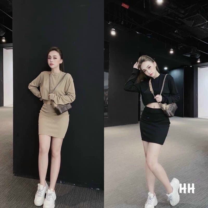 Set áo croptop tay dài kèm chân váy ôm body