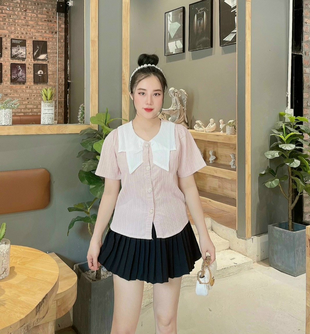 Áo sơ mi voan lụa cổ bẻ màu gài nút kèm tay ngắn cực xinh ttsla0899