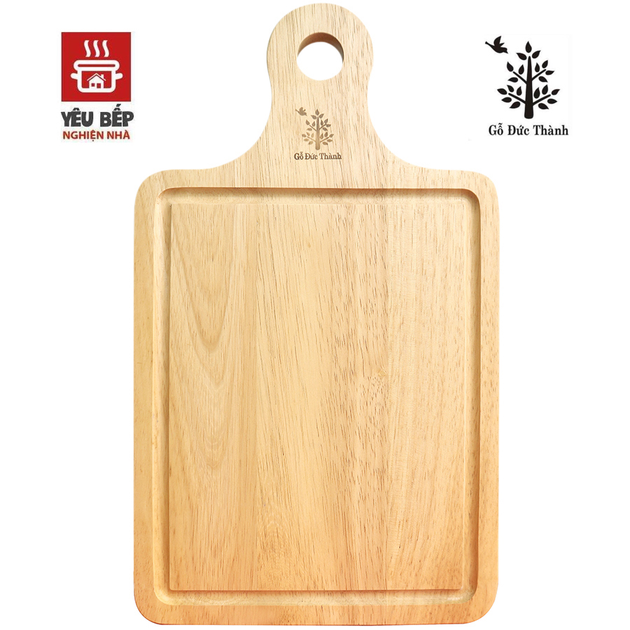 Thớt Gỗ Cao Su Tự Nhiên Hình Chữ Nhật Có Tay Cầm, Có Rảnh Thoát Nước  - Dụng Cụ Nhà Bếp Cao Cấp - Gỗ Đức Thành