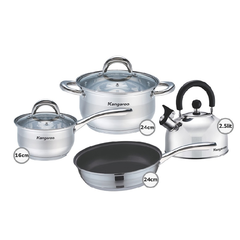 Bộ 4 món nồi, chảo ,quánh, ấm đáy 5 lớp inox kangaroo kg998m