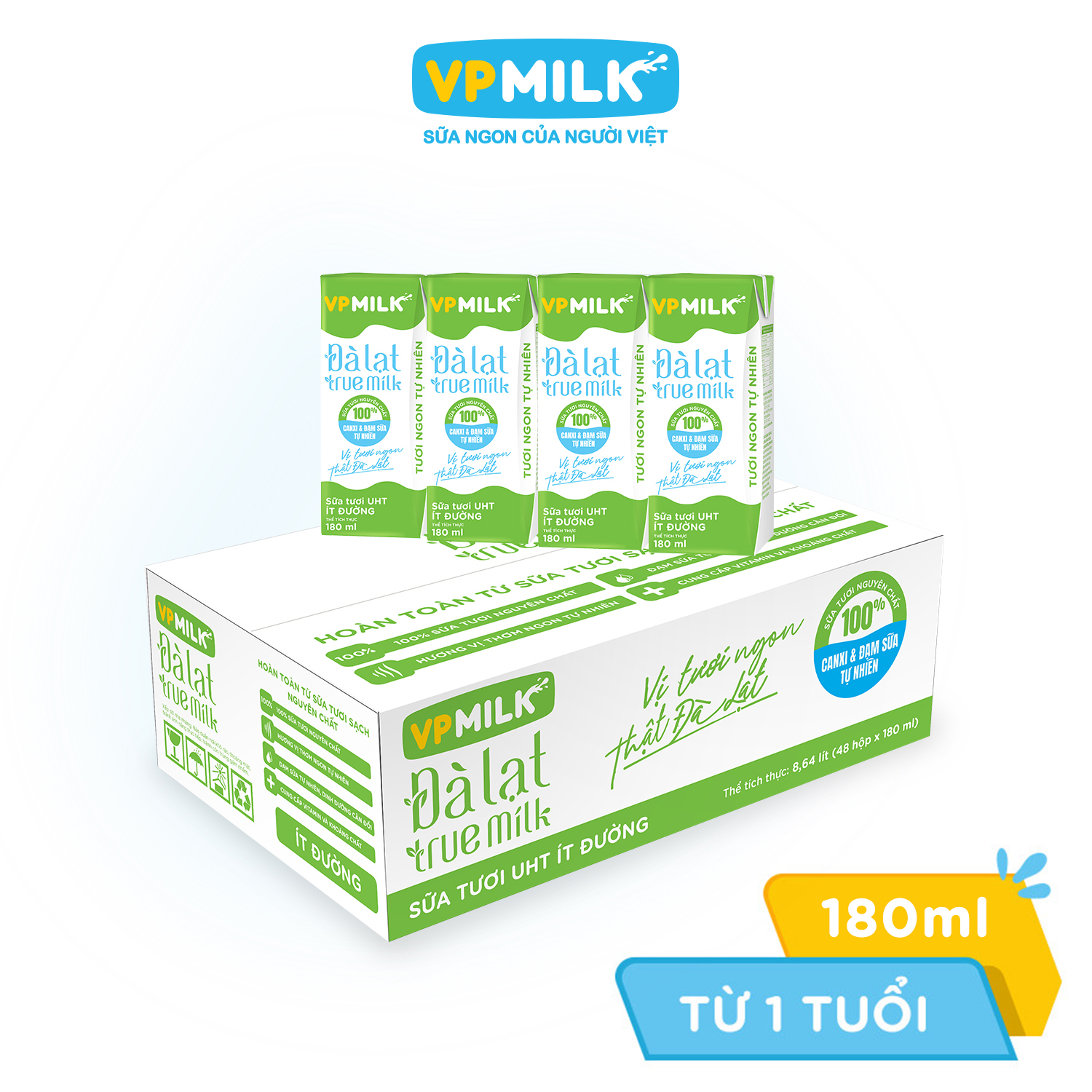 [Thùng 48 hộp 180ml] Sữa Tươi Nguyên Chất UHT Đà Lạt True Milk Ít Đường VPMilk
