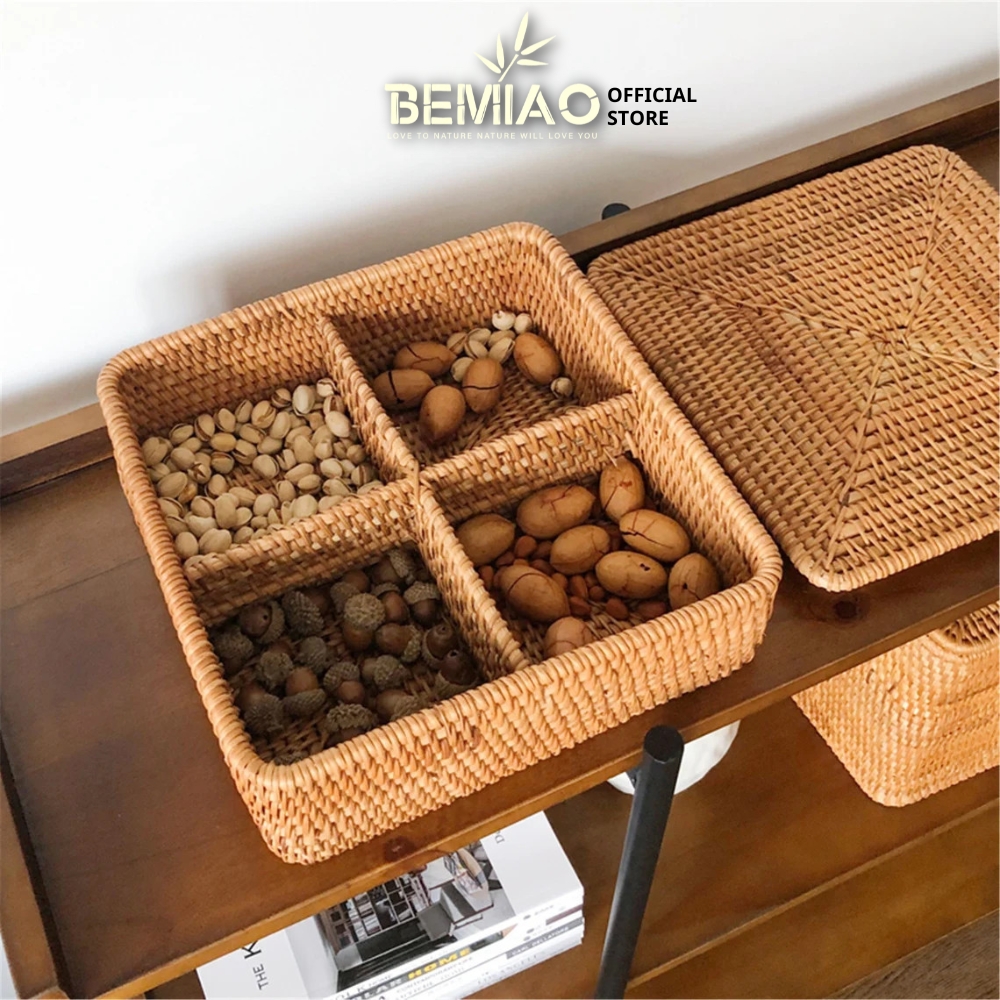 Khay đựng mứt Tết bánh kẹo vuông có nắp, Khay mây đựng bánh kẹo Tết mây tre đan Bemiao