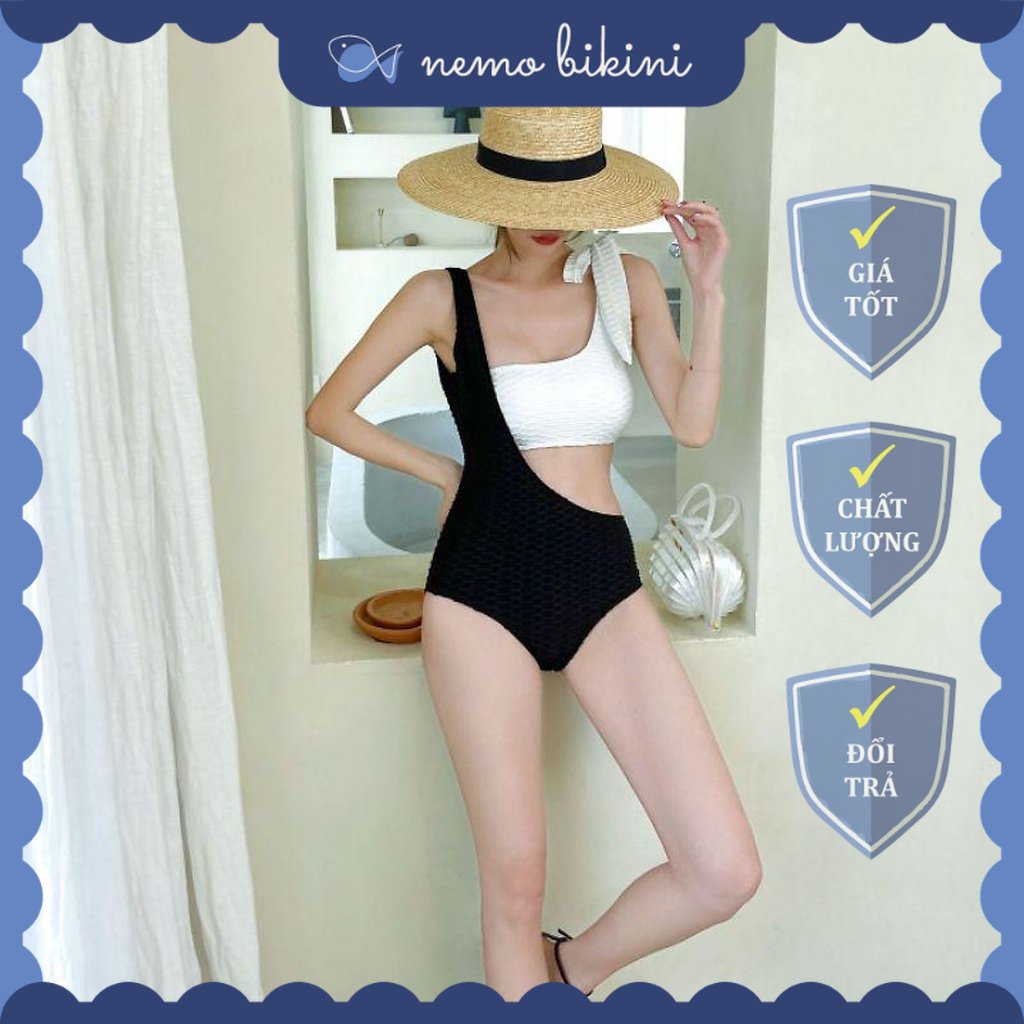 Bikini sexy đi biển, đồ bơi nữ 1 mảnh tôn dáng trắng phối đen vải nhún Nemo Bikini - B47