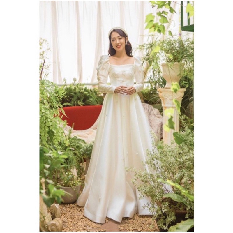 Đầm maxi cưới cổ vuông đính hạt ngọc toàn thân váy - size s/m/l - ms198y