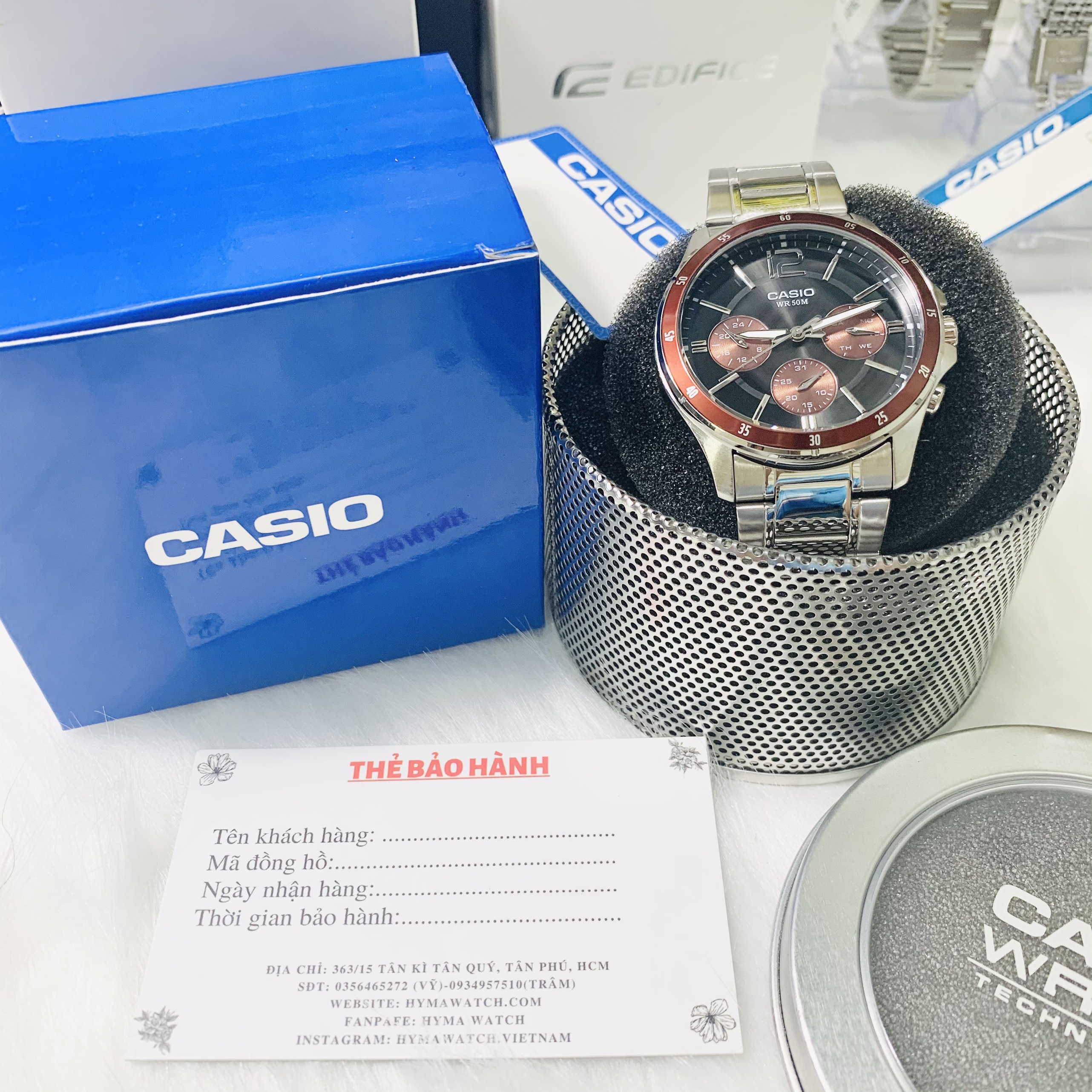 Combo hộp xanh + hộp thiếc đồng hồ Casio Hyma watch