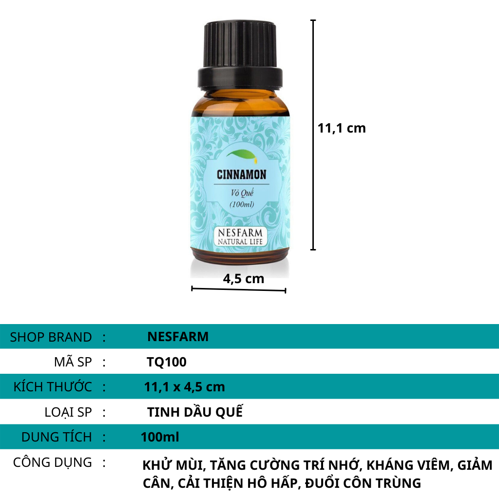Tinh dầu thiên nhiên nguyên chất mùi tự chọn sả quế bạc hà tràm 100ml Nesfarm TDL100 để xe oto giúp khử mùi, kháng khuẩn