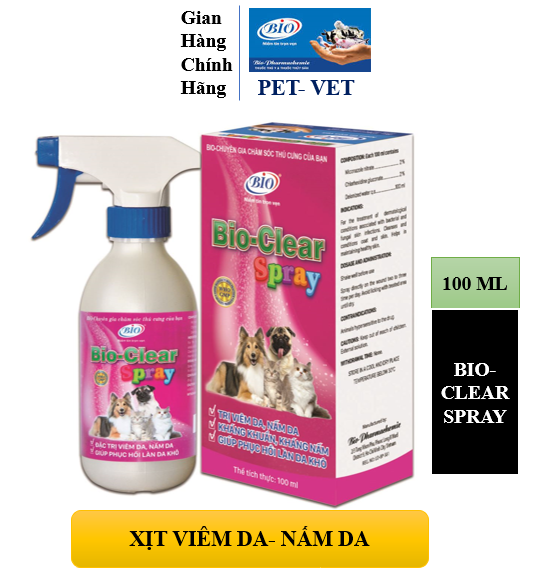Bio-clear spray 100ml. xịt viêm da, nấm da cho chó mèo. hiệu quả cho chó, mèo viêm da, nấm da, rụng lông