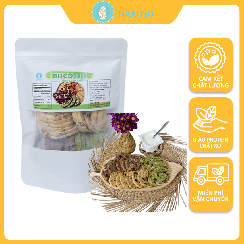 Bánh Biscotti ăn kiêng giảm cân Nakuso nguyên cám không đường (gói 250gr)  -  Bánh ăn kiêng Biscotti ăn vặt healthy dành cho người ăn kiêng, tập gym, eatclean