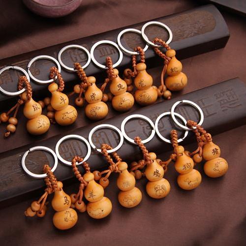 Trọn Bộ 12 Móc Khóa Gỗ Vàng Hình Hồ Lô May Mắn Khắc 12 Con Giáp