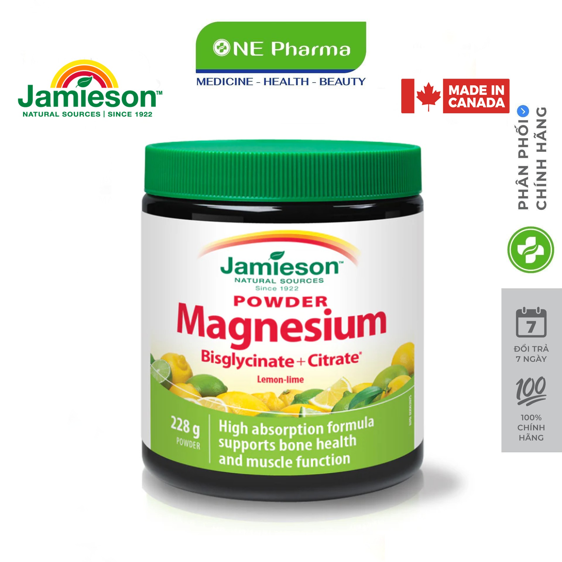 Bột Uống Bổ Sung Magie Vị Chanh Jamieson Powder Magnesium Bisglycinate + Citrate Lemon Lime 228g