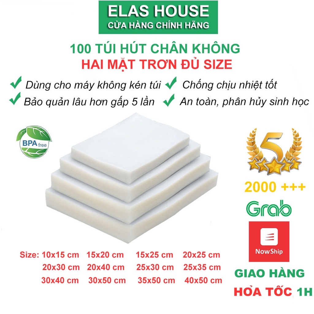 Túi Hút Chân Không Thực Phẩm Hai Mặt Trơn, Bộ 100 túi ép chân không trơn