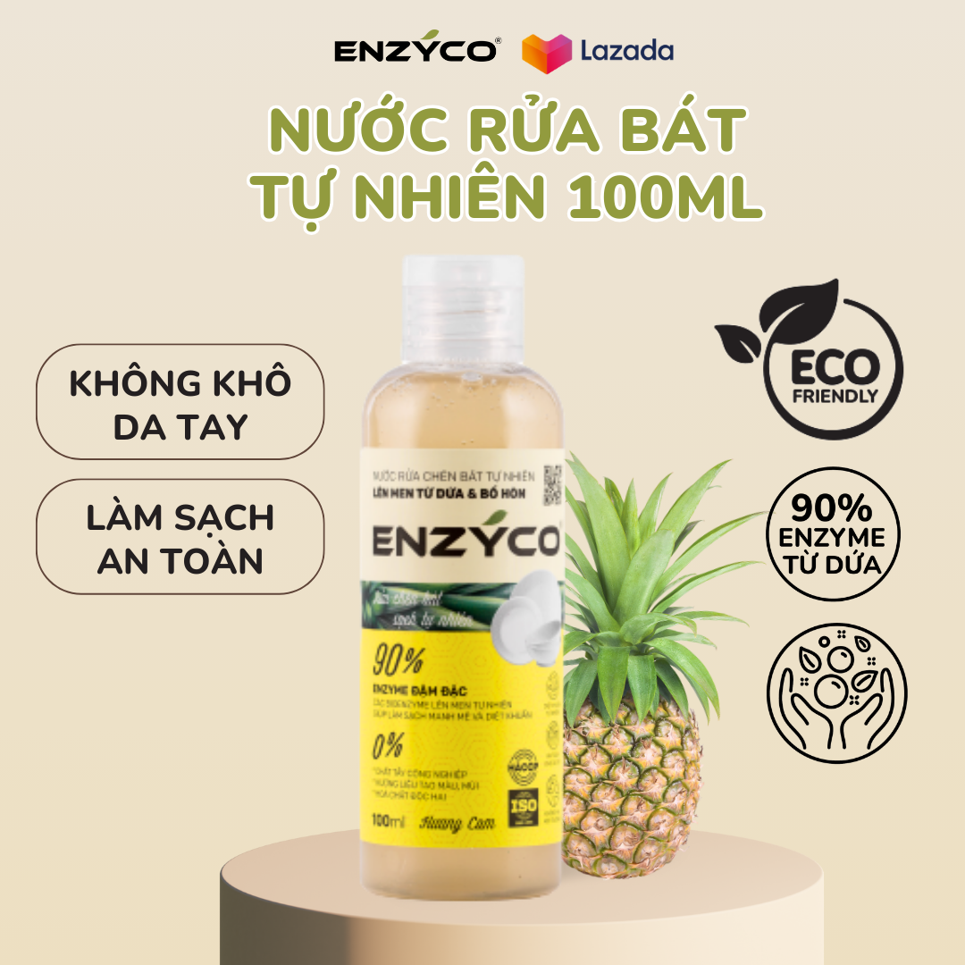 Nước rửa chén sinh học ENZYCO chai 100ML - 90% Enzyme từ dứa giúp làm sạch mạnh mẽ, diệt khuẩn, bảo vệ da tay, phù hợp người viêm da cơ địa - Hương cam