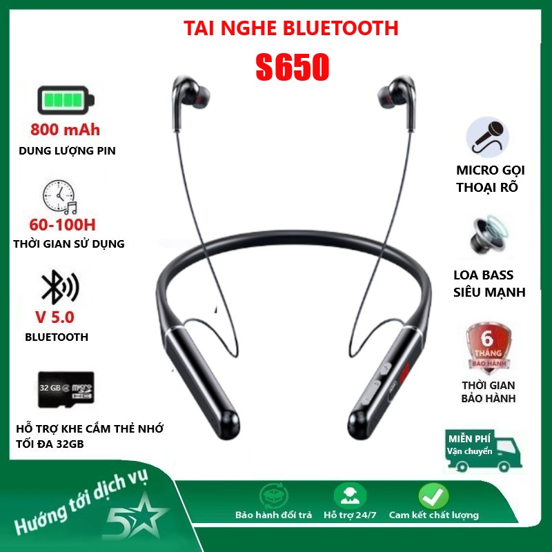 Tai  nghe bluetooth không dây phiên bản S650. Nghe nhạc 100h liên tục, Pin 800 mAh, bluetooth 5.0 0. Đèn led hiển thị rõ % pin. Âm thanh vòm 360 độ 9D nghe nhạc đỉnh cao. Tai nghe Bluetooth thể thao không dây