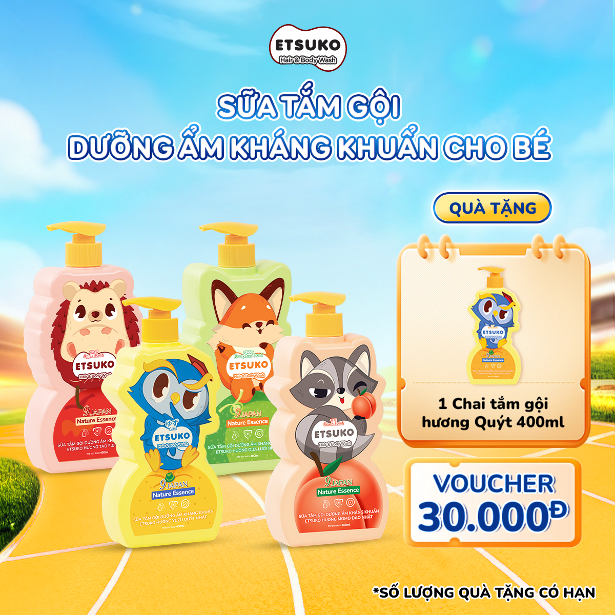 [MUA 1 TẶNG 1] Sữa Tắm Gội ETSUKO 400ml Dưỡng Ẩm Dịu Nhẹ Kháng Khuẩn Bảo Vệ, An Toàn Cho Bé Từ 3 Tuổi Trở Lên.