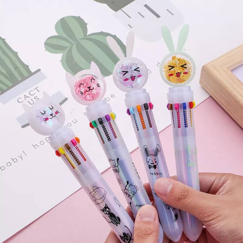 Bút bi nhiều ngòi 10 màu kẹo ngọt Đầu Bút Gắn Hình Thú cho bé sáng tạo