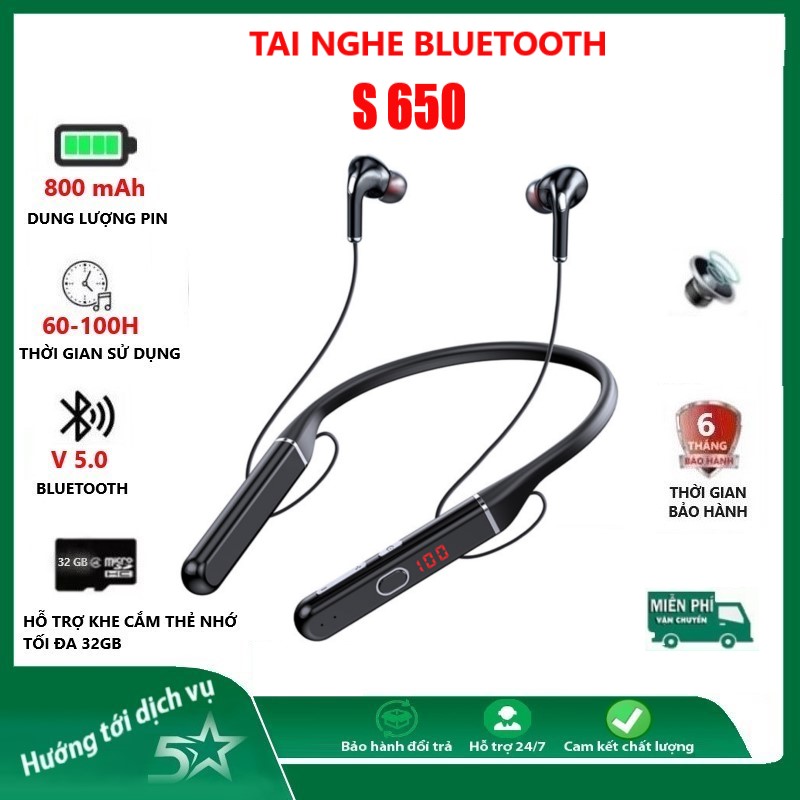 Tai Nghe Bluetooth Phiên Bản mới S650 Nghe Nhạc 100h. Kết nối Được với máy tính để tải Nhạc Như USB. Pin 800mAh Âm Thanh vòm 9D, mic Đàm thoại tốt Bluetooth 5.0 Kết nối 2 điện thoại, tai nghe Bluetooth Không dây, tai nghe chơi GAME