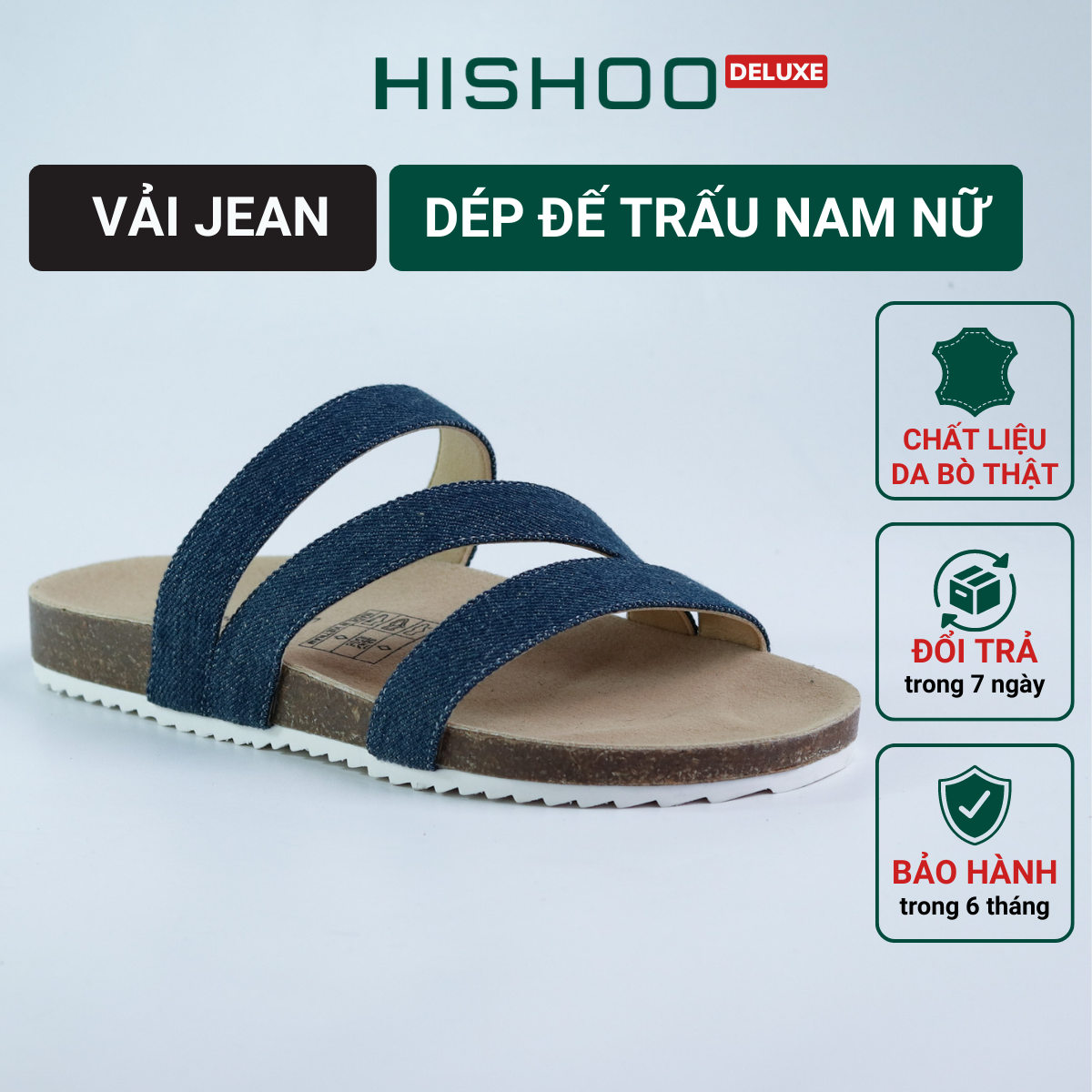 Dép đế trấu birken nam nữ unisex quai ngang vải jean size 35 - 43 chính hãng Hishoo S113