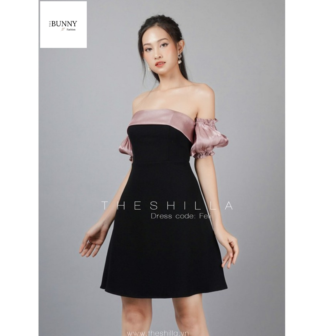 Đầm xòe trễ vai tay phồng cách điệu