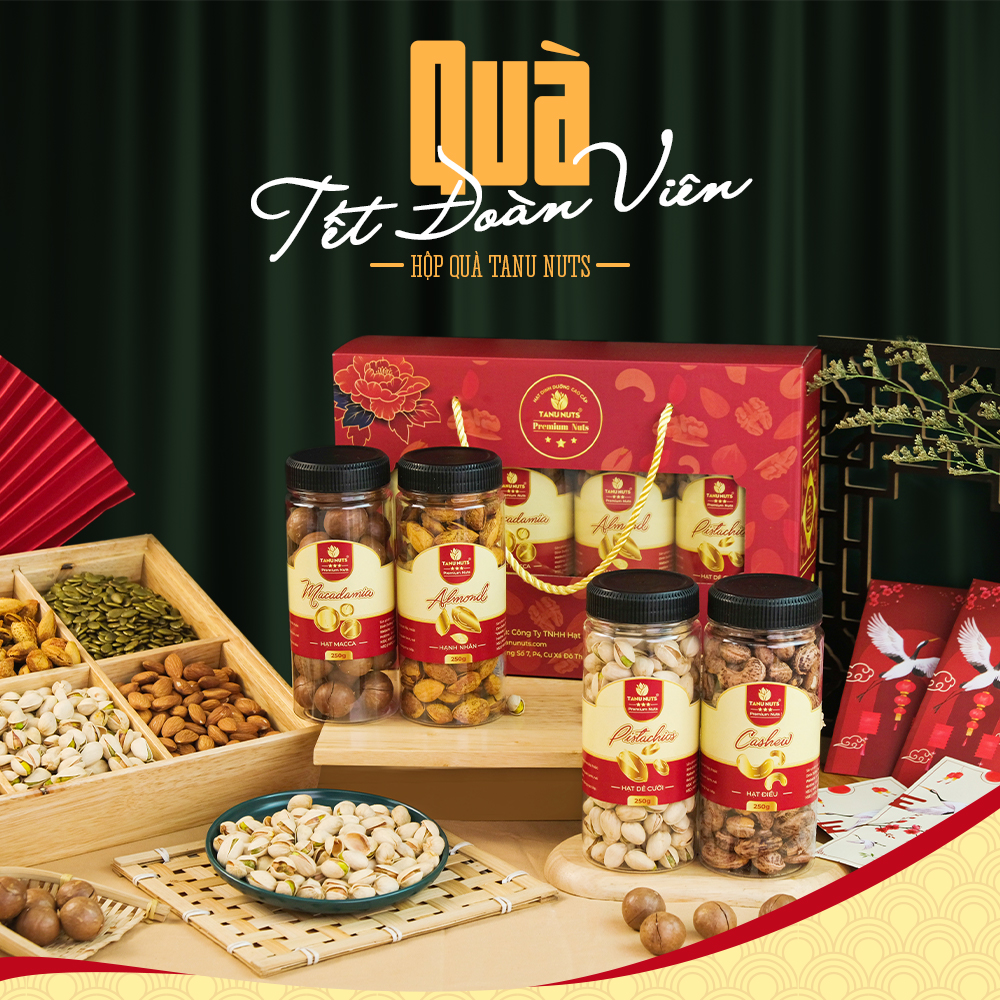Hộp quà tết TANU NUTS, set quà tặng tết gồm các loại hạt dinh dưỡng sang