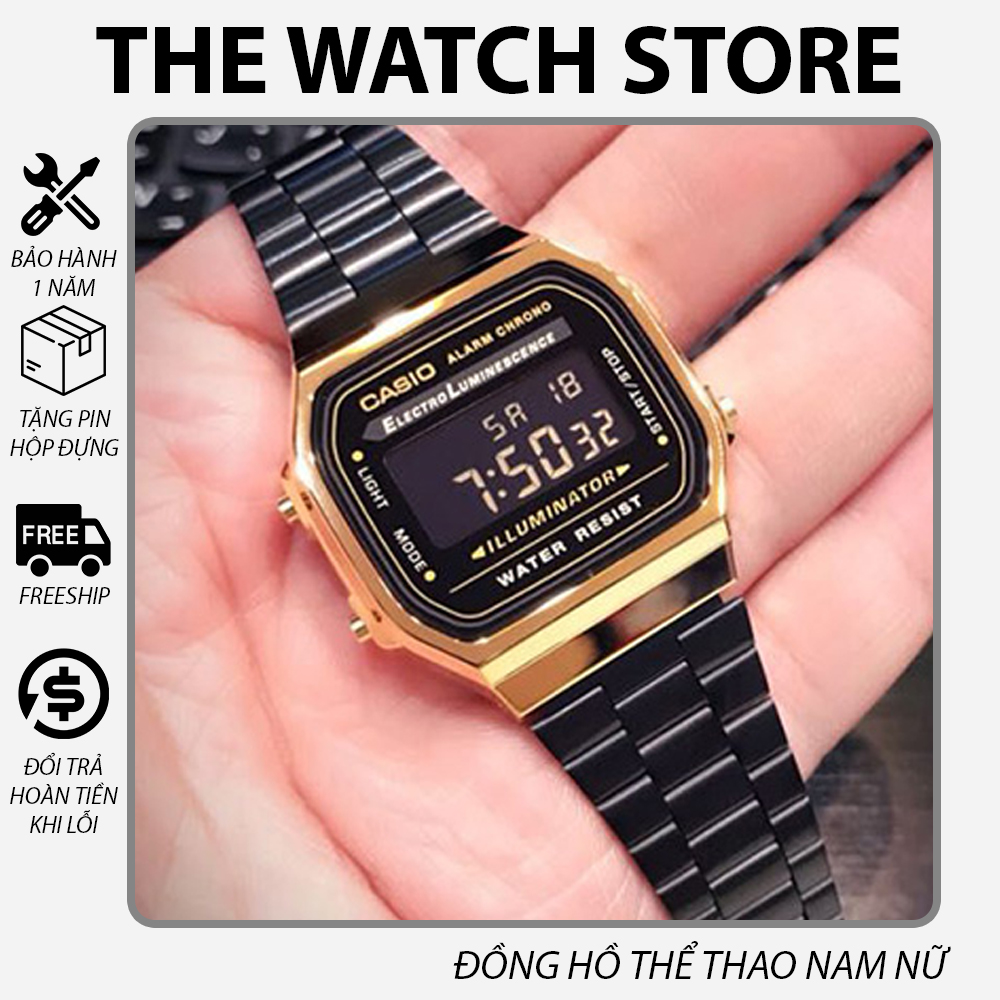 Đồng hồ Casio Nam A168 Gold Black - Thiết kế mặt vuông cổ điển