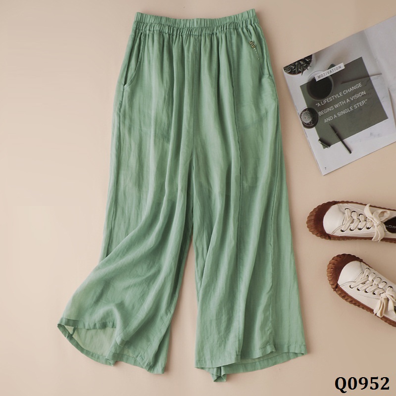 Q0952-quần linen ống rộng lưng thun nhún