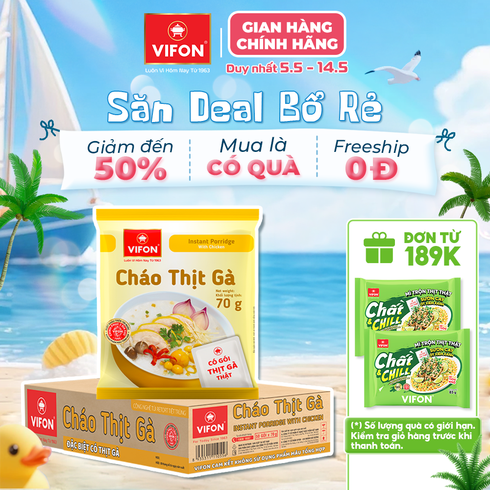 [VOUCHER 15%] Cháo Thịt Gà/ Thịt Bằm/ Cháo Sườn/ Nấm Đông Cô/ Bò/ Trứng muối VIFON 70gr/ gói