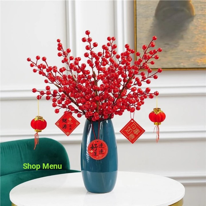 Cành đào đông đỏ 12 nhánh, nhánh đào đông trang trí tết, cherry loại 1 cao cấp, cành điểm nhũ vàng