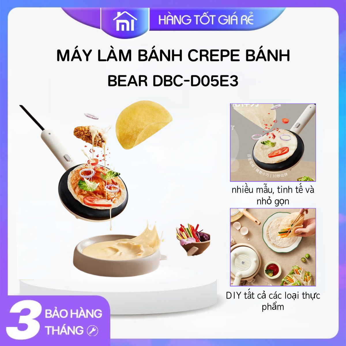 Bear Máy làm bánh kếp chảo nướng điện gia dụng máy làm bánh rán máy làm bánh mùa xuân chảo rán máy làm bánh cuốn máy ăn sáng chảo nướng chống dính mini dụng cụ thần thánh DBCD05E3 Mijia